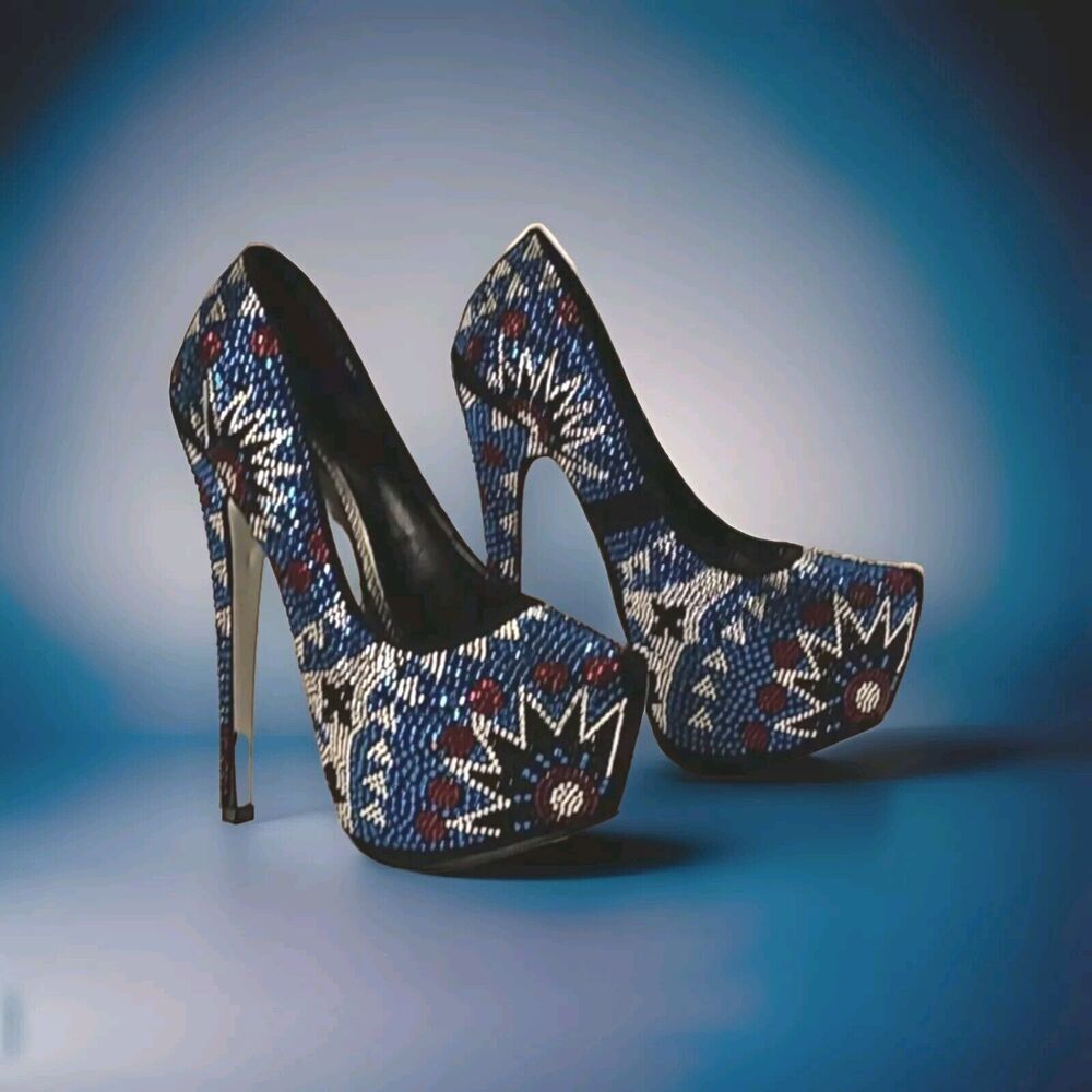 HerStyle 6 Inch Platform Stiletto Red White Blue Rhinestone US 5.5M EUC July 4th